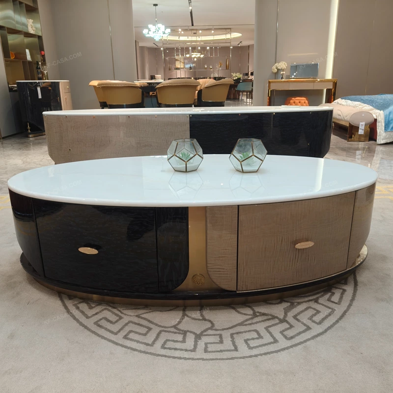 Two-Tone Oval Coffee Table with White Marble Top, High-Gloss Panels and Metal Base